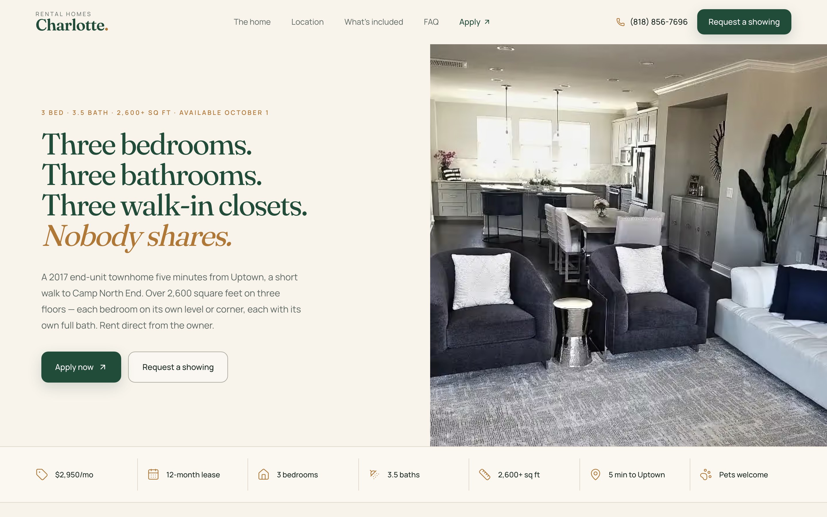 The Rental Homes Charlotte site: three bedrooms, three bathrooms, nobody shares.